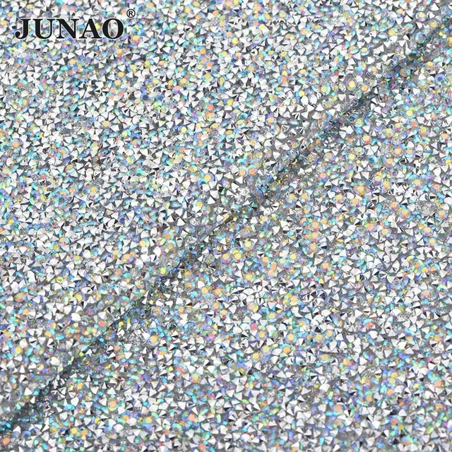 JUNAO 24*40 см Черный AB самоклеящаяся кристальная ткань стразы на сетчатой основе отделка Камешки из смолы аппликация горячей фиксации лист со стразами для рукоделия - Цвет: Silver Crystal AB