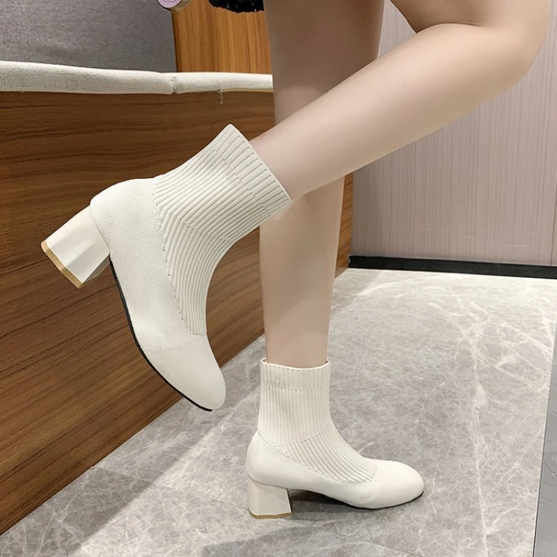 

Женские ботильоны с острым носком, эластичные ботинки-носки на высоком массивном каблуке, сезон осень, размеры 34-40, 2021