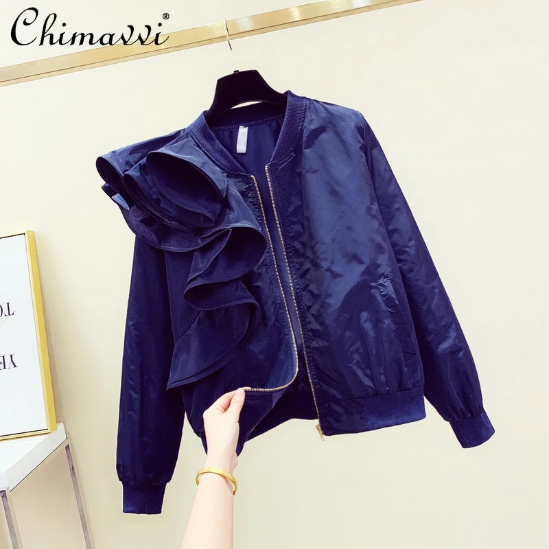 

2021 Autumn Winter Women's Clothing New Fashion Design Long Sleeve Short Coat Ruffled Stitching Zipper Jacket Top Feminine