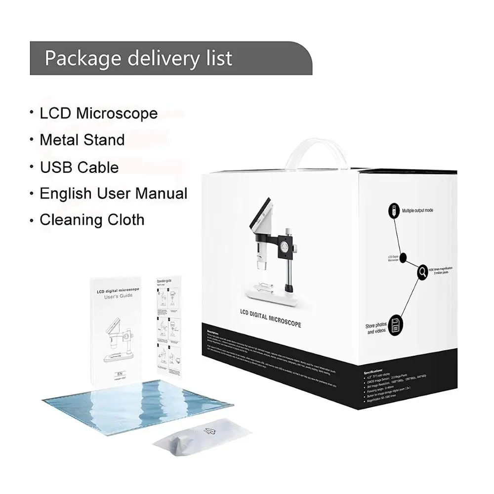 

LCD Digital Microscope with 4.3 inch 50X-1000X Magnification Zoom HD 1080P 2 Megapixels Compound 2600 mAh Battery USB Microscope