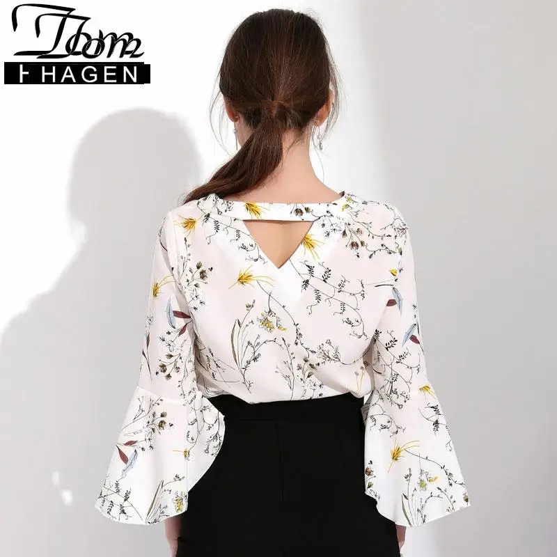 Женская шифоновая блузка с оборками длинным рукавом и цветочным принтом | одежда