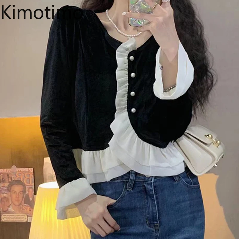 

Kimotimo Vintage Velvet Blouse Women 2021 Autumn New Patchwork Design Long-sleeved Crop Top French Elegant Chic Ladies Shirts