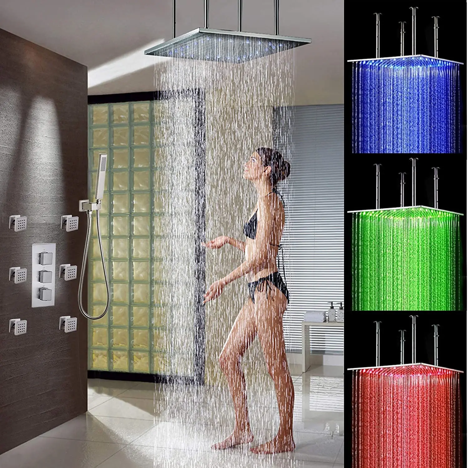 

20inch Large LED Rain Shower Head System Brushed Nickel Bathroom Brass Thermostatic Shower Set with Body Sprayer Jets