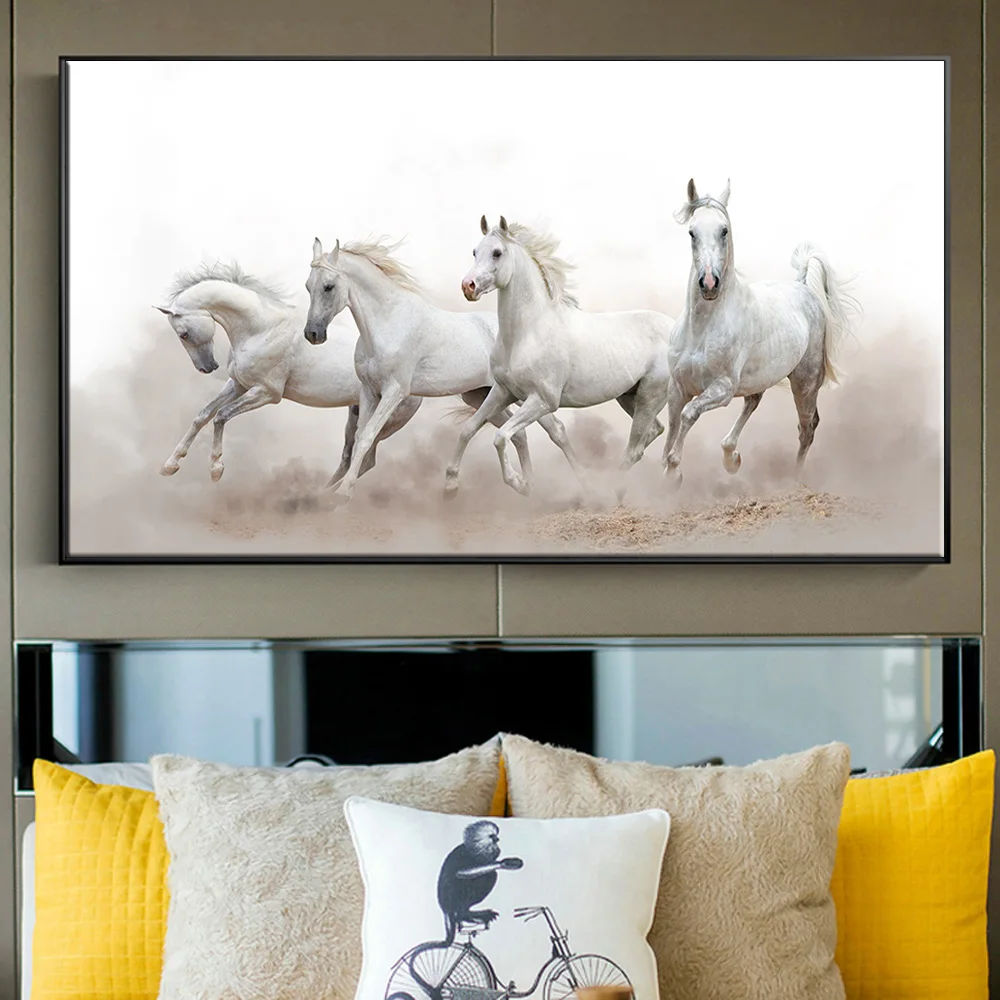 Картина с изображением животных бегущих белых лошадей художественные плакаты на