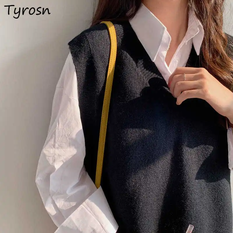 

Женский вязаный жилет с V-образным вырезом, повседневный однотонный Универсальный свитер без рукавов с Боковым Разрезом, модная простая вин...