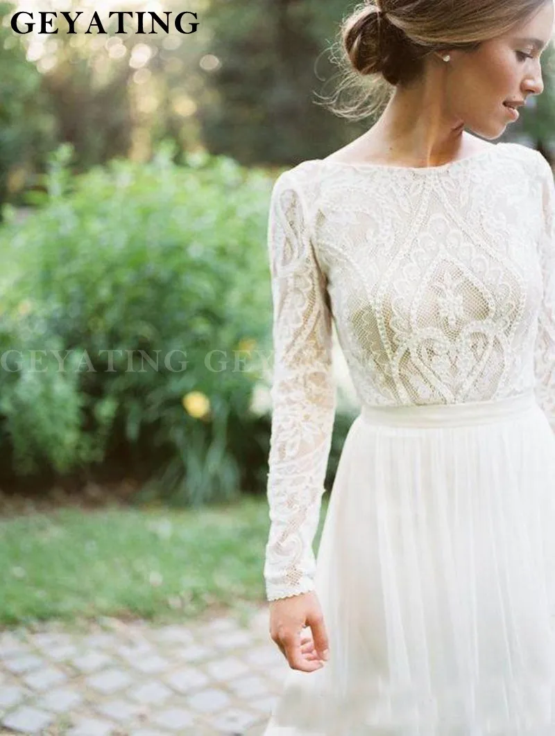 Винтаж кружевное платье Boho свадебный наряд шифоновая с длинными рукавами свадебное платье с вырезом «лодочка трапециевидной формы элегантные Страна Свадебные праздничные платья