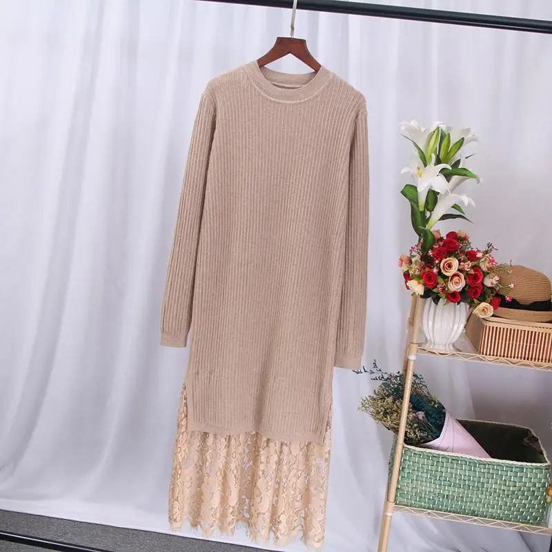 Женское прямое трикотажное платье длинное пуловер с кружевной вышивкой в