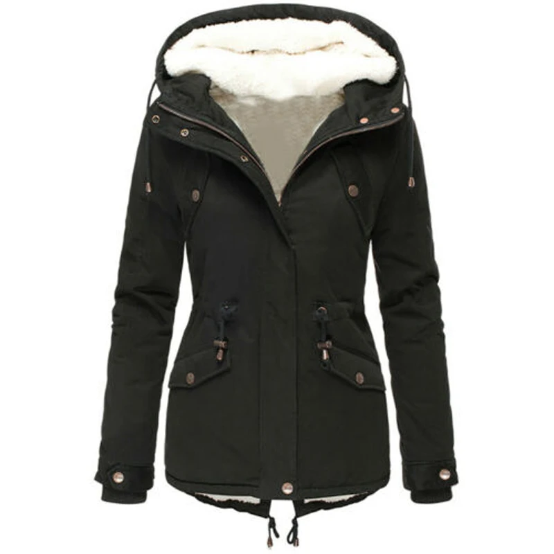 Women's Winter Casual Zipper Jacket Oversized Parker Cotton Coat Solid Color Overcoats Hooded Drawstring Padded Camping Coats