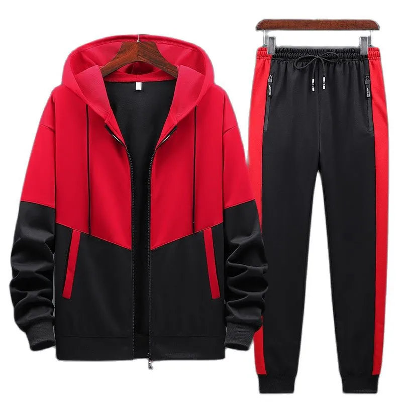 

White And Black Hooded Coat and Lace Up Pants Spring and Autumn Fashion Men's 2 Piece Set Red Blue Yellow
