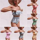 Женский раздельный купальник, асимметричный полосатый комплект бикини с оборками и высокой талией, летняя пляжная одежда