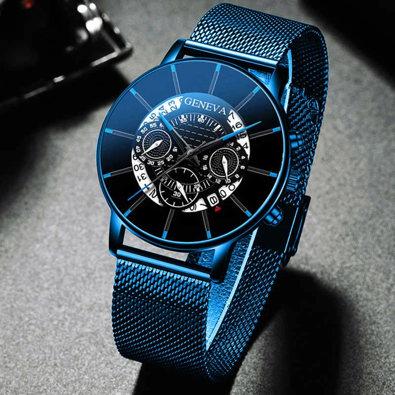 

Luxury Men's Fashion Business Calendar Watches Blue Stainless Steel Mesh Belt Analog Quartz Watch relogio masculino