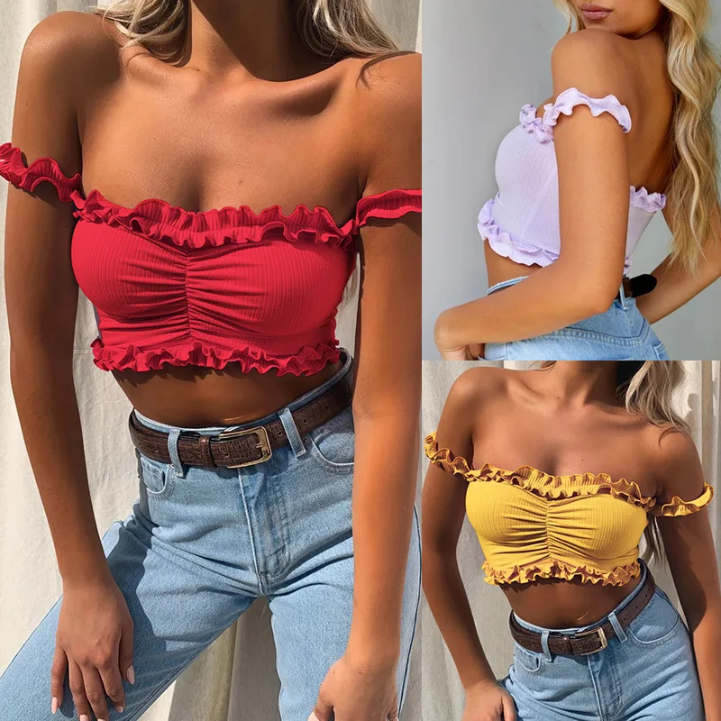 

European and American 2021 Spring New Arrival Hot Sale Women's Wooden Ear Sexy Navel off-Shoulder Top Vest lace cami
