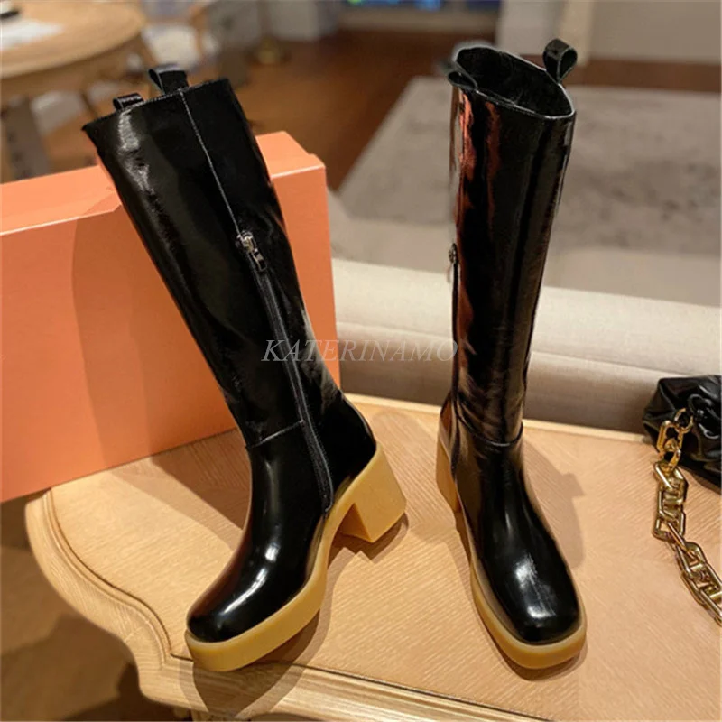 

Брендовые женские высокие ботинки из натуральной телячьей кожи, лакированная кожа, на толстой подошве, на массивном высоком каблуке, женски...