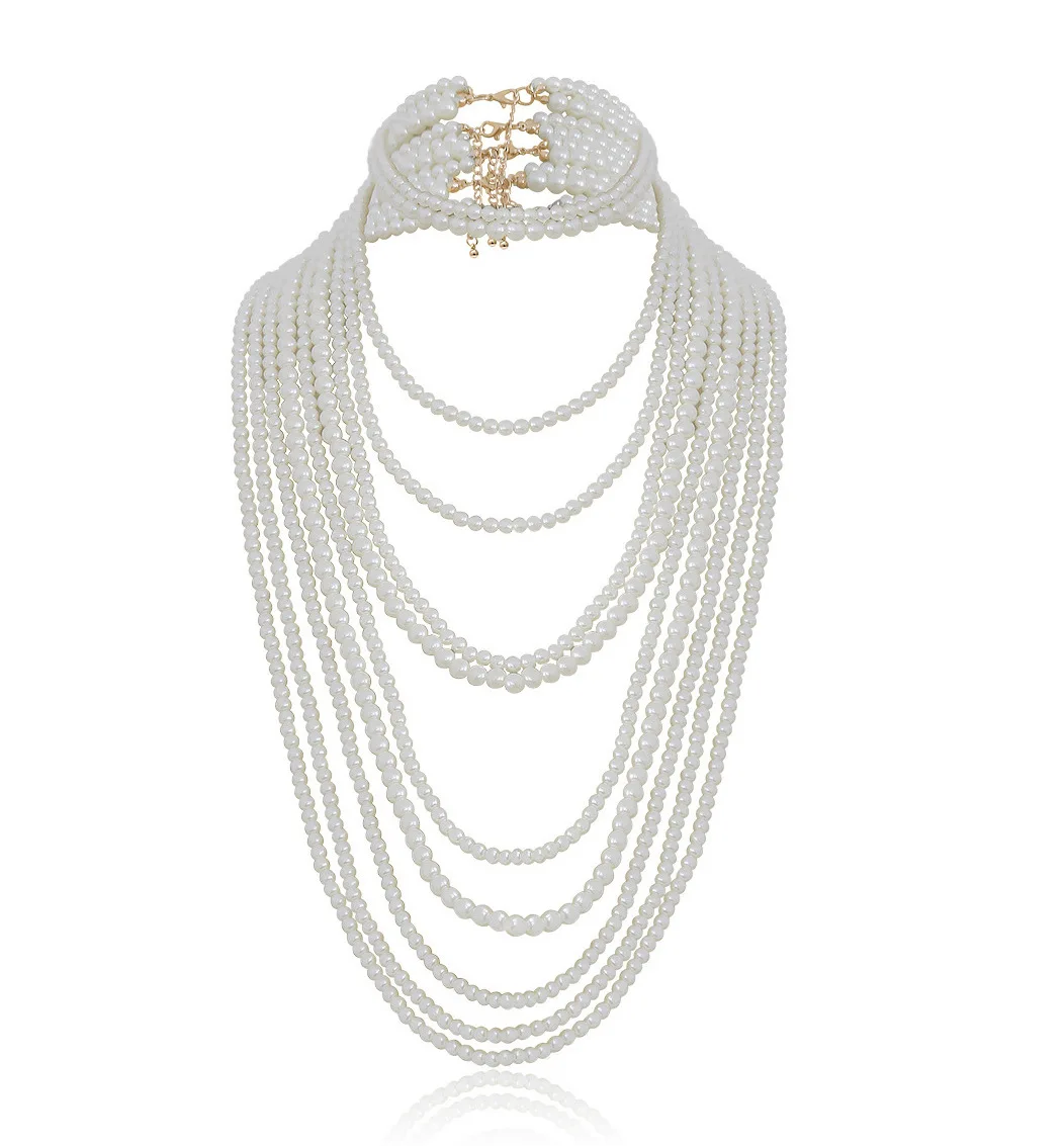 

Imitation Pearl Tassel Exaggerated Handmade Beaded Geometric Necklace Set for Women