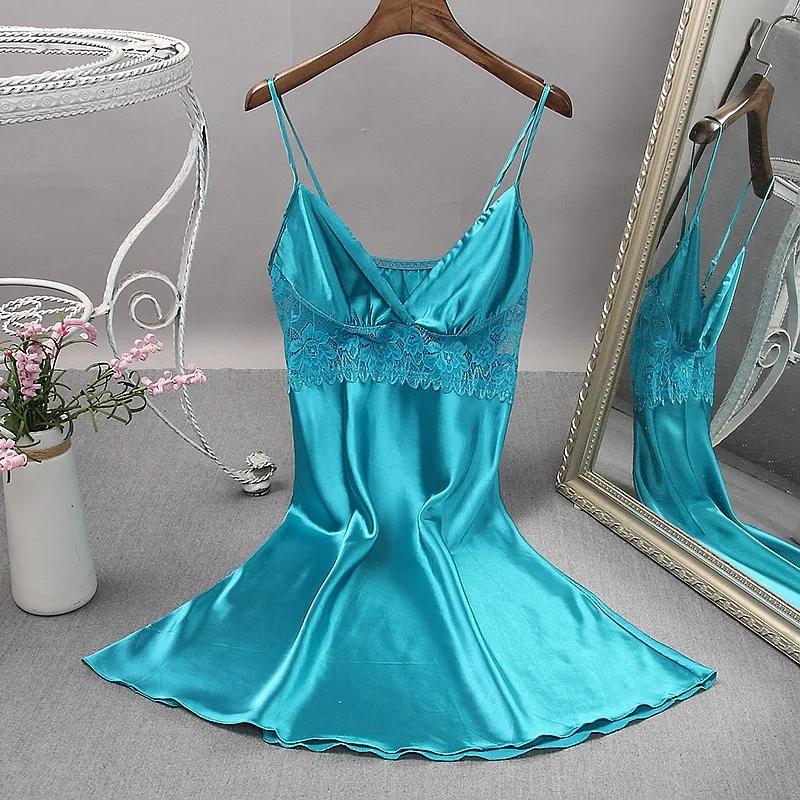 Summer Women's Nightdress Silk Like Home Wear Sexy Slit Nightgowns Solid  Lace Sling Nightwear Lingerie Sleeping Dress Sleepwear