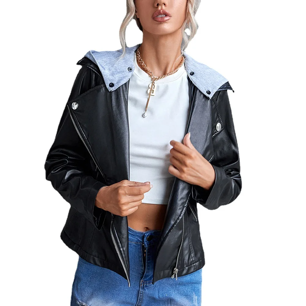 

Motorcycle Hooded PU Motorcycle Leather Jacket Detachable Side Zipper Casual PU Leather Jacket for Women