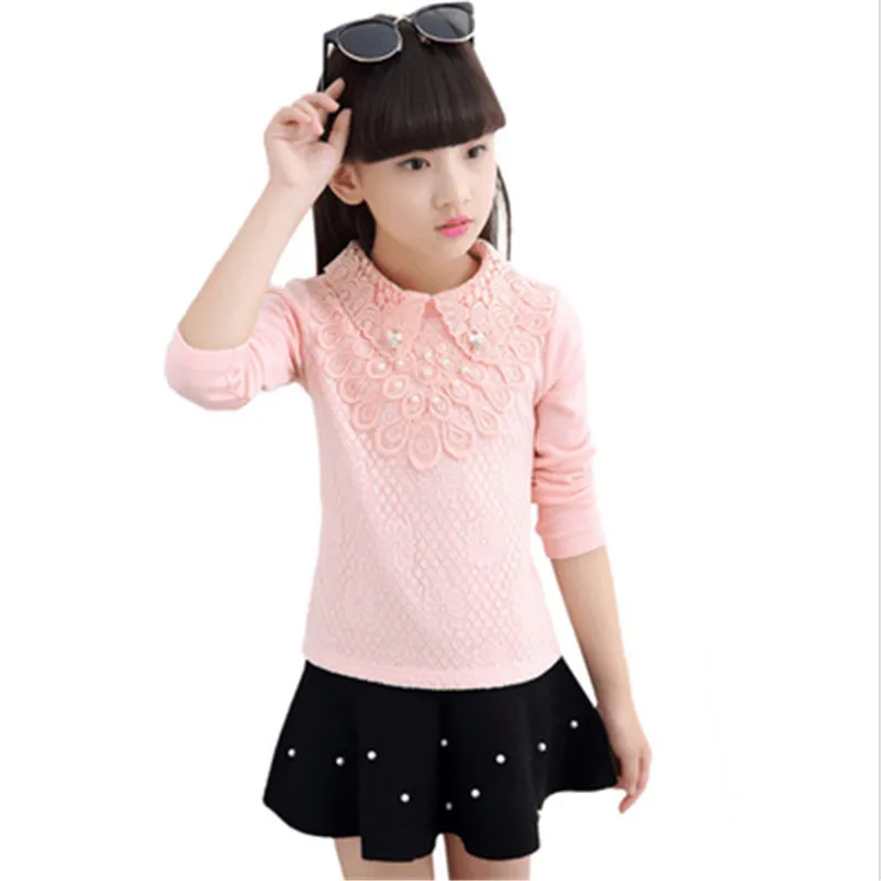 Белая рубашка с длинными рукавами для девочек цветочным кружевом AA3895 весна осень