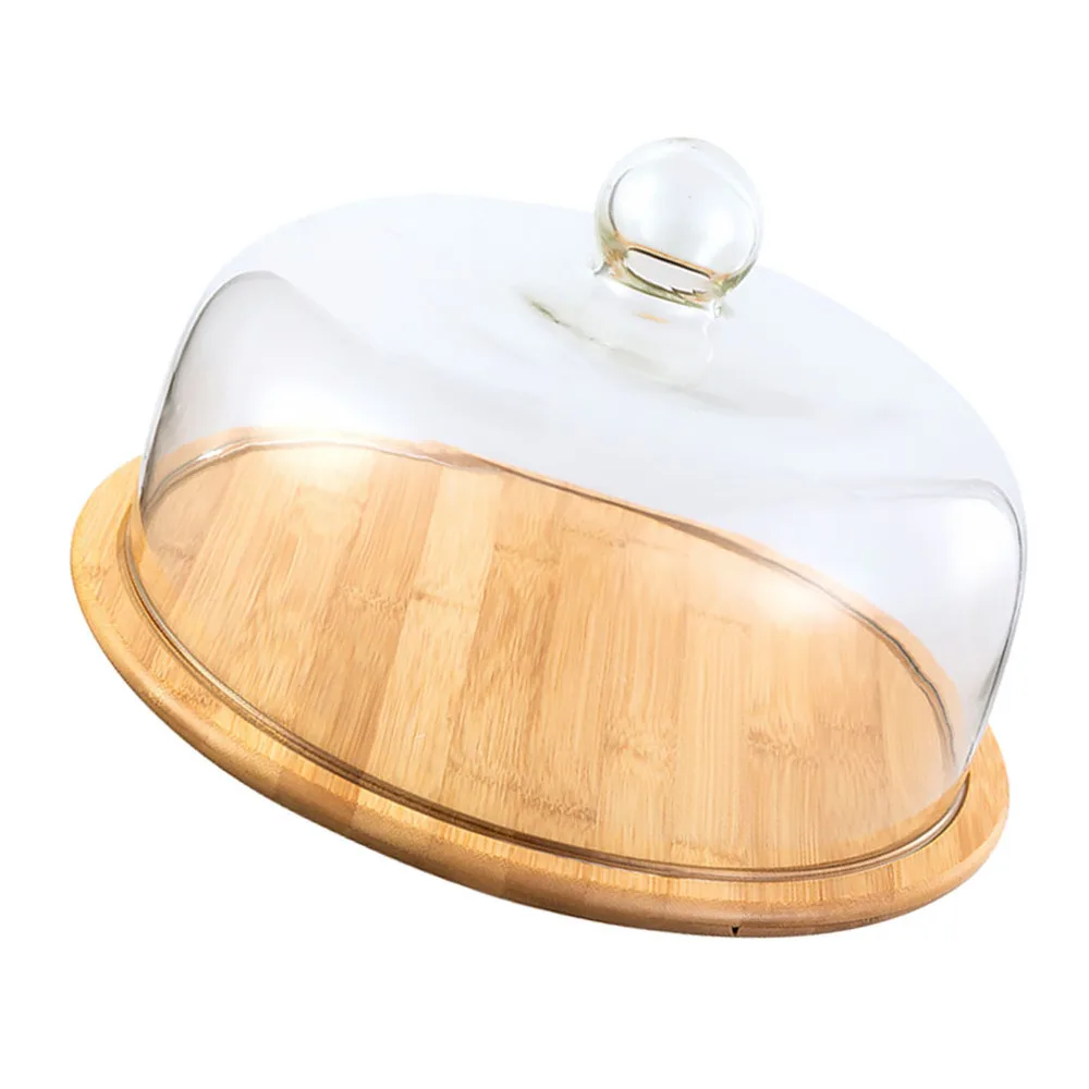 

1 Set Creative Glass Cover Cake Tray Food Cover Bamboo Wood Plate