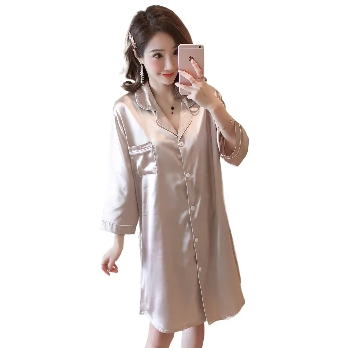 Spring Autumn Solid Color Three Quarter Women's Nightdress Ice Silk Large Size 100kg Fat MM Nightgowns & Sleepshirts Home Wear