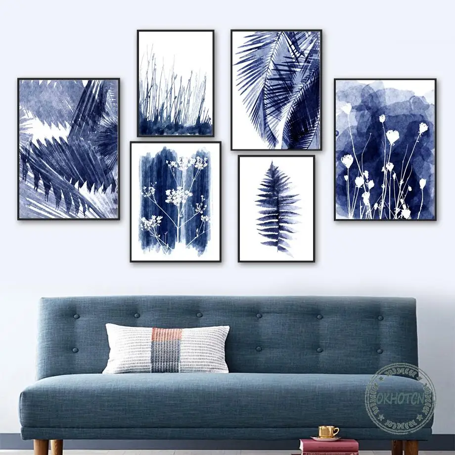 Акварельные синие пальмы папоротник лист цветок трава растение холст живопись