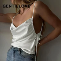 gentillove sexy v neck strap solid drawstring tank tops elegant chic satin camis casual simple wild pleat crop top women clothes