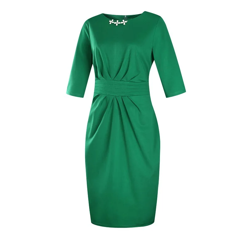 Женское платье-карандаш, осень, расшитое бисером, однотонное, Vestidos, на молнии, длиной до колен, Офисная ткань, размера плюс, женское платье, 4XL, 5XL, 6XL - Цвет: green