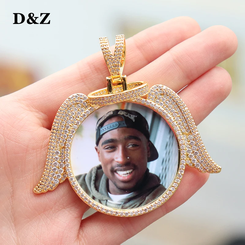 D&Z New Angel Wing Custom Made Photo Round Shape Pendant Necklace Solid Back With Cubic Zircon Men's Hip Hop Jewelry