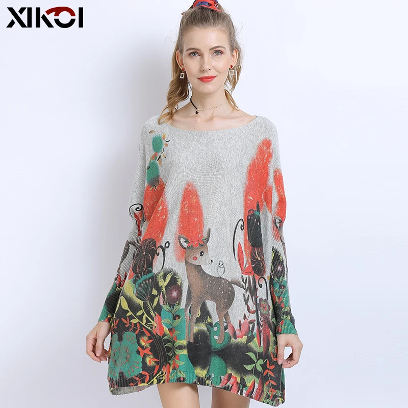 XIKOI Winter Oversized Sweaters For Women Warm Long Pullover Dresses Fashion Cute Deer Print Jumper Knitted Pull Femme | Женская одежда