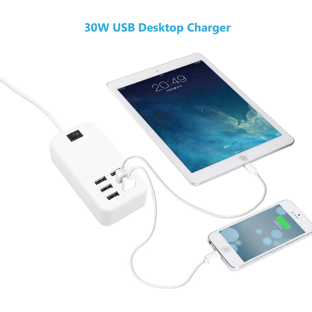 Высокое напряжение 5 В 6A 6-портовое гнездо для зарядки USB синий светодиодный