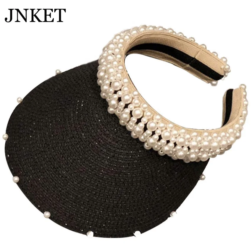 

JNKET модная женская соломенная шляпа ручной работы с жемчугом летняя шляпа с козырьком Пустая Шляпа От Солнца уличная Регулируемая шляпа от ...