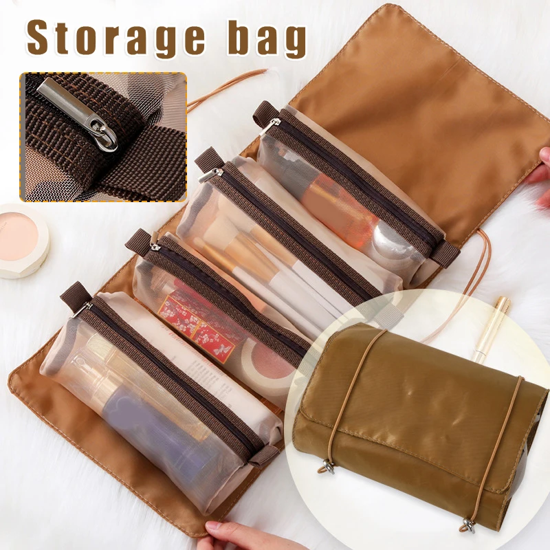 

4-in-1 Travel Toiletry Organizer Bag High Capacity Detachable Classified Storage Mesh Zipper Bag Drawstring Roll to Pack 2021