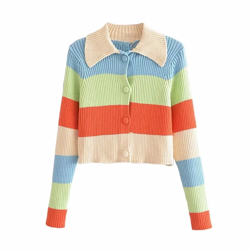 

ZA 2021 summer new women's clothing fashion all-match European and American style contrast color striped cardigan long sleeve sw
