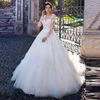 elegant ball gown tulle wedding dresses with long sleeves illusion lace appliques vintage bridal gown boho princess party dress