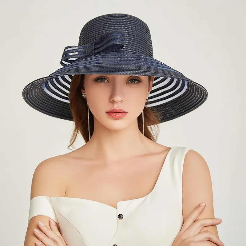 

New Fashion Striped Dome Bowknot Big Brimmed Straw Hat Adult Foldable Leisure Sunscreen Sun Hat Seaside Beach Hat Sun Hats