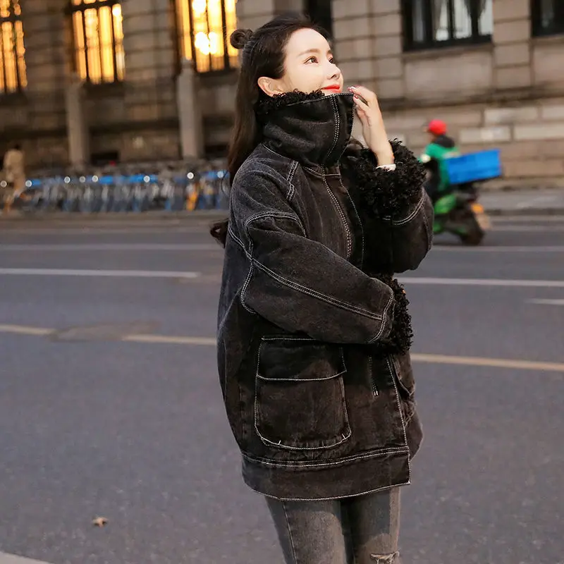 

Зимние джинсовые куртки, женские парки, черные теплые джинсовые пальто, плотные теплые хлопковые пальто, женское повседневное свободное джинсовое пальто, бархатное пальто