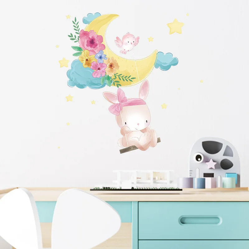 

Cute Bunny Swinging Moon Wall Sticker Child Kids Room Decoration Wallpaper Bedroom Home Decor Decals Cartoons Nursery Stickers