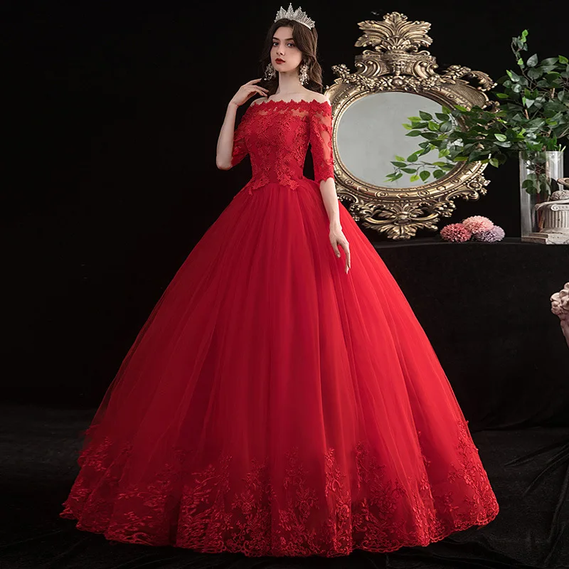 

Half-sleeve Red Wedding Dress Lace Up 2020 Bride Plus Size Dresses Ball Gowns Princess Vestido De Novia