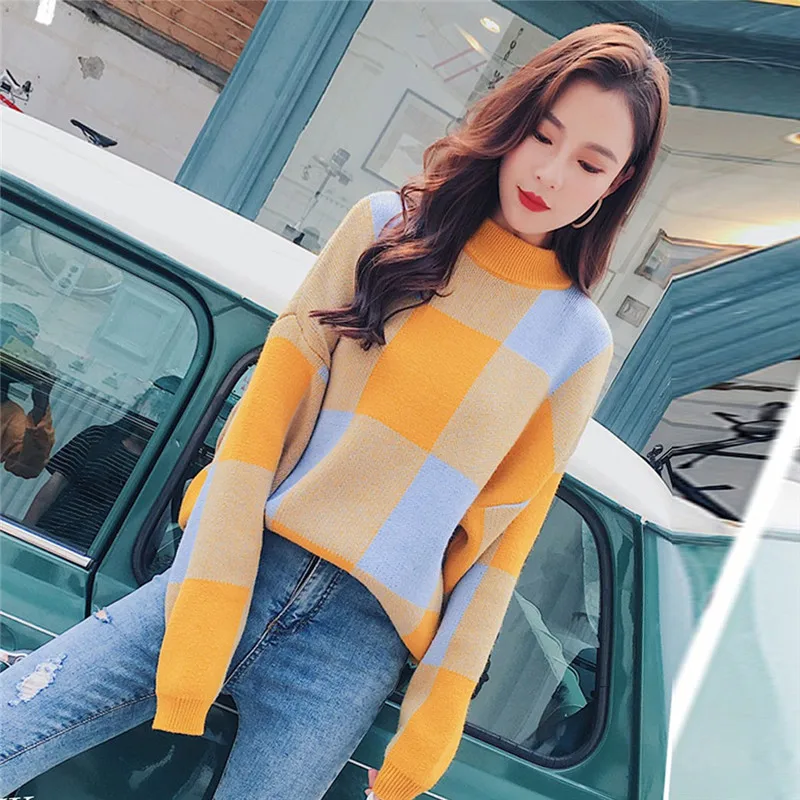 Winter Black white Lattice Sweater 2019 Women New Fall Classic O-Neck Tops Womens Leisure Jumper Knitted Pullovers #40 | Женская одежда