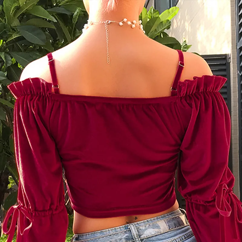 

Red Velvet One Shoulder Women Short Blouse Shirring Long Flared Sleeve Sling Female Blouses Solid Streetwear Casual Lady Clothes