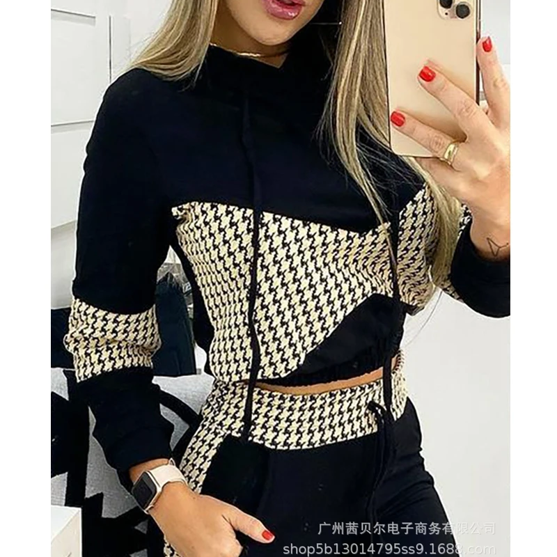 

Mandylandy Summer Long Sleeve V-neck T-shirt + High Waist Lace-up Pencil Pants Suit Women's Casual Houndstooth Printed Slim Suit