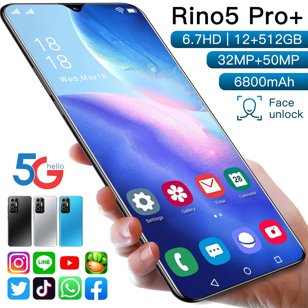

6.7'' Rino5 Pro 12GB 512GB 32MP+50MP 10 Core Cell Phones Face Fingerprint Id Android 11 Smartphone Full Display Cellphone