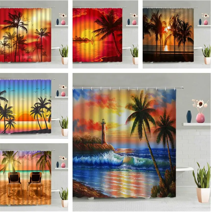 

Океан закат душ Шторы кокосовой пальмы морской живописный Ванная комната висит Шторы s Водонепроницаемый ткань Экран домашний декор для ва...