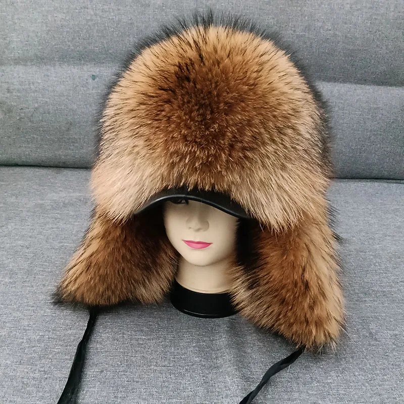 2021 Winter Warm Thick Real Fox Fur Bomber Hat With Earflap Natural Men's Luxury Genuine Raccoon Fur Cap Warm Thick Hats Femme