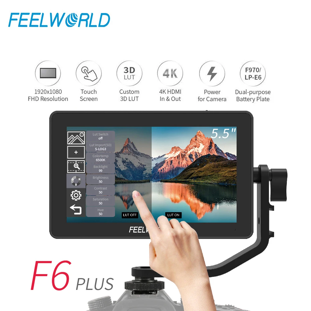 

FEELWORLD F6 PLUS 5.5 Inch on Camera DSLR Field Monitor 3D LUT Touch Screen IPS FHD 1920x1080 Video Focus Assist Support 4K HDMI