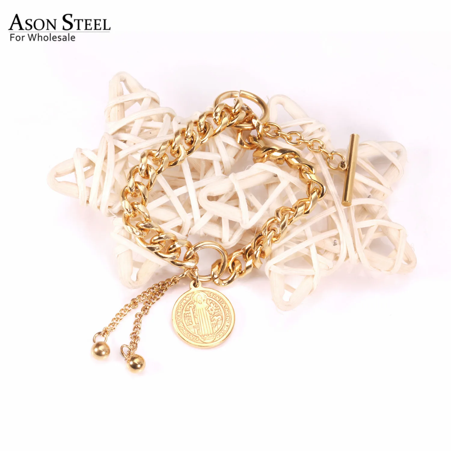 Винтажный Браслет ASONSTEEL золотого цвета из нержавеющей стали 316L с круглой