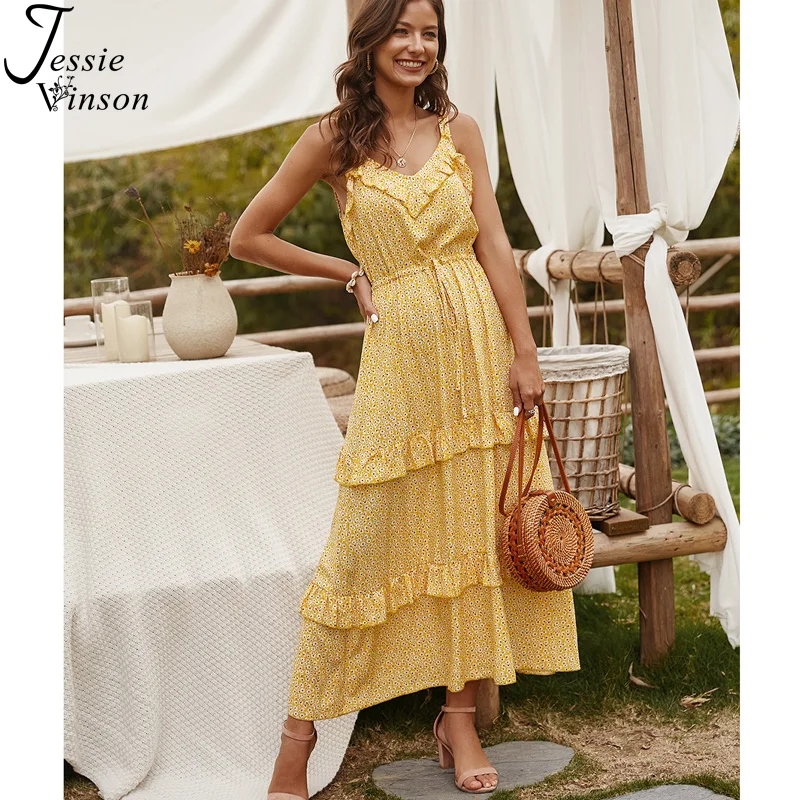 

Jessie Vinson Floral Print Ruffles Long Dress Women Summer Sleeveless V Neck Tunic Maxi Dresses Sexy Beach Dress Vestidos Robe