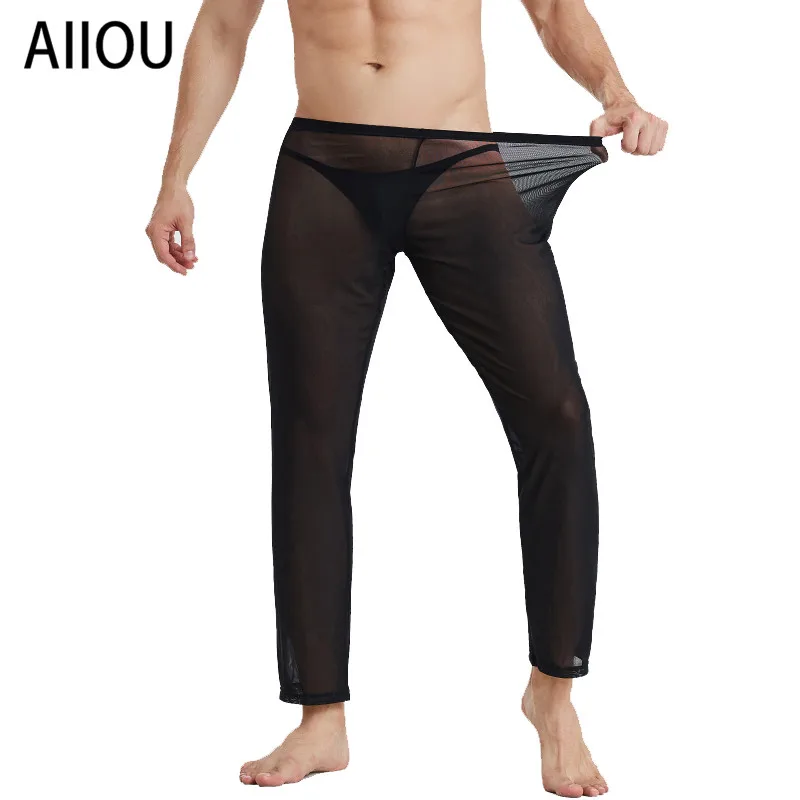 Мужские прозрачные дышащие леггинсы AIIOU черные ультратонкие длинные брюки