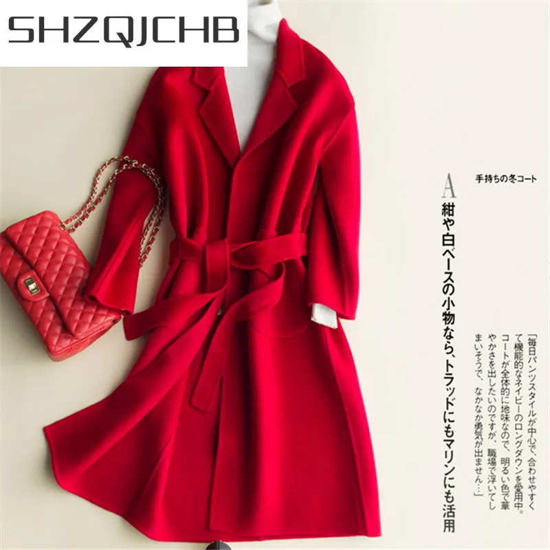 

SHZQ женские пальто осень-зима 100% шерстяное пальто Женская корейская мода длинная одежда Элегантная Женская Весенняя куртка с поясом LWL1296