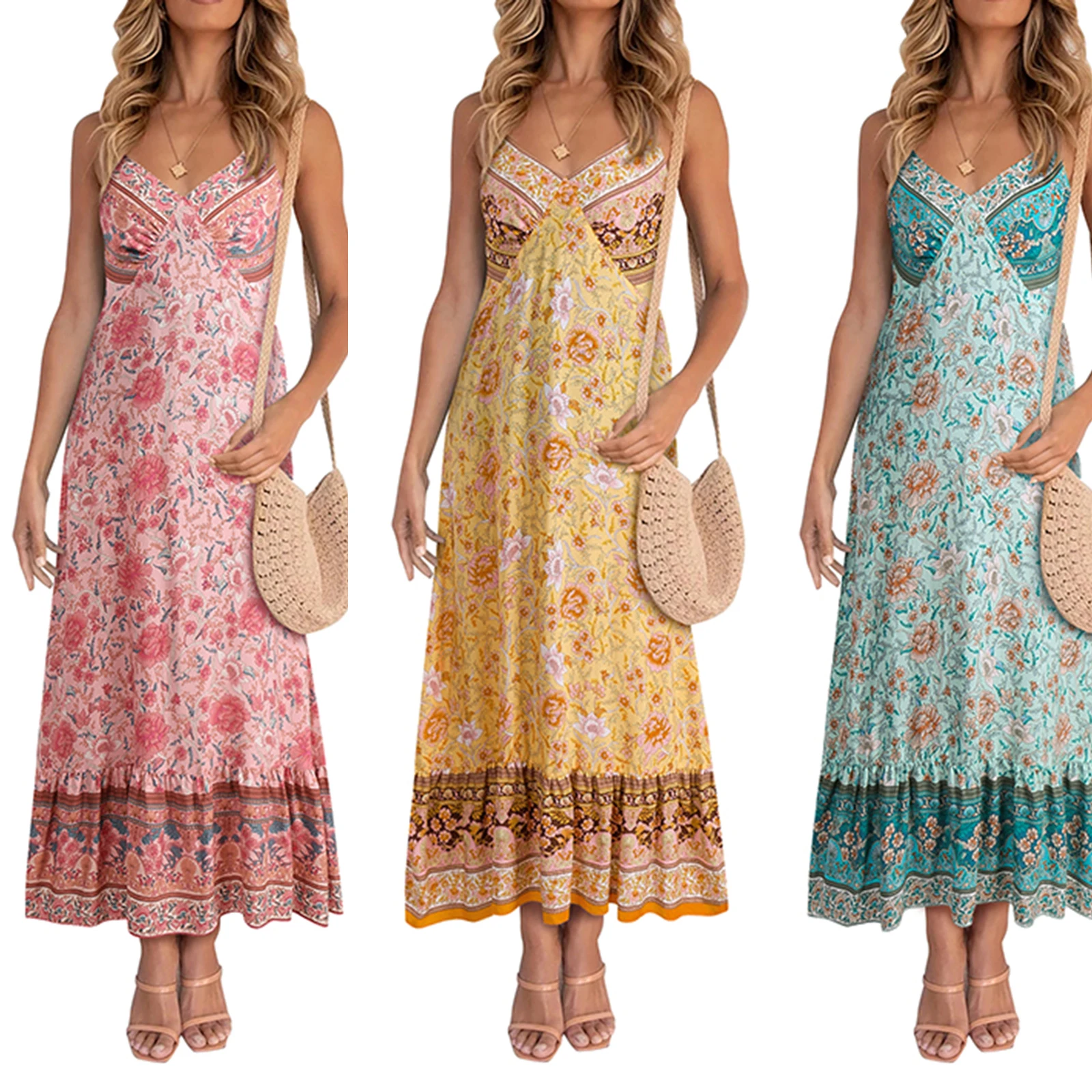 

Женское повседневное пикантное платье на бретелях, с цветочным принтом, без рукавов, с V-образным вырезом, розовое/желтое/зеленое