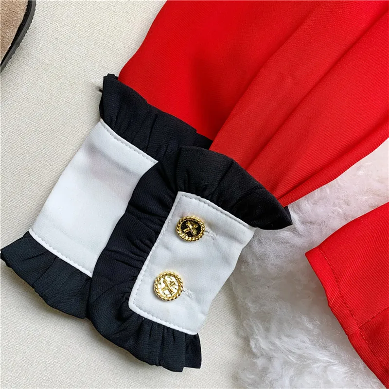 

High Quality Women 2020 New Fashion Spring Blouses Turn-down Collar Bow Full Sleeve Diamonds Patchwork Button Red White Shirt